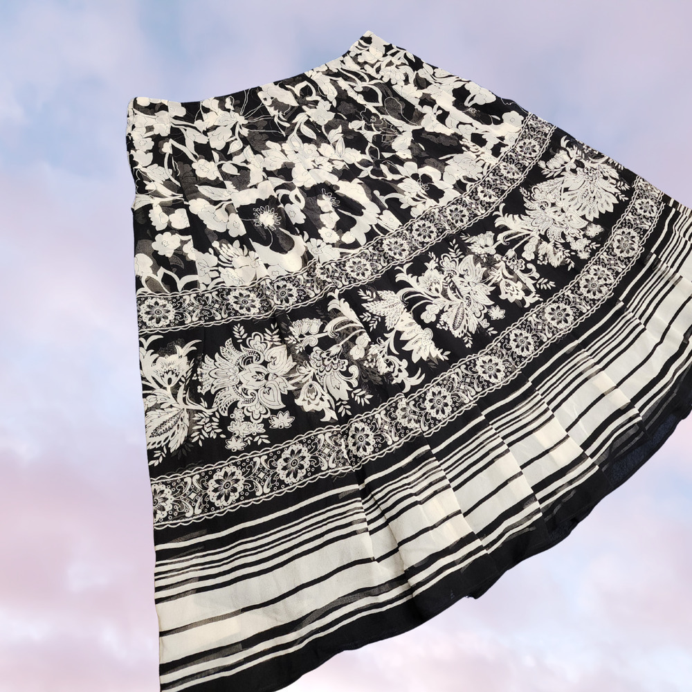 Jones New York Black Off White Floral Mod Retro Long Midi Pleated Silk Skirt 12 - Picture 2 of 5